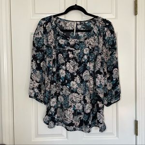 LC Lauren Conrad Blue and Black Floral 3/4 Sleeve Blouse Top Sz XL